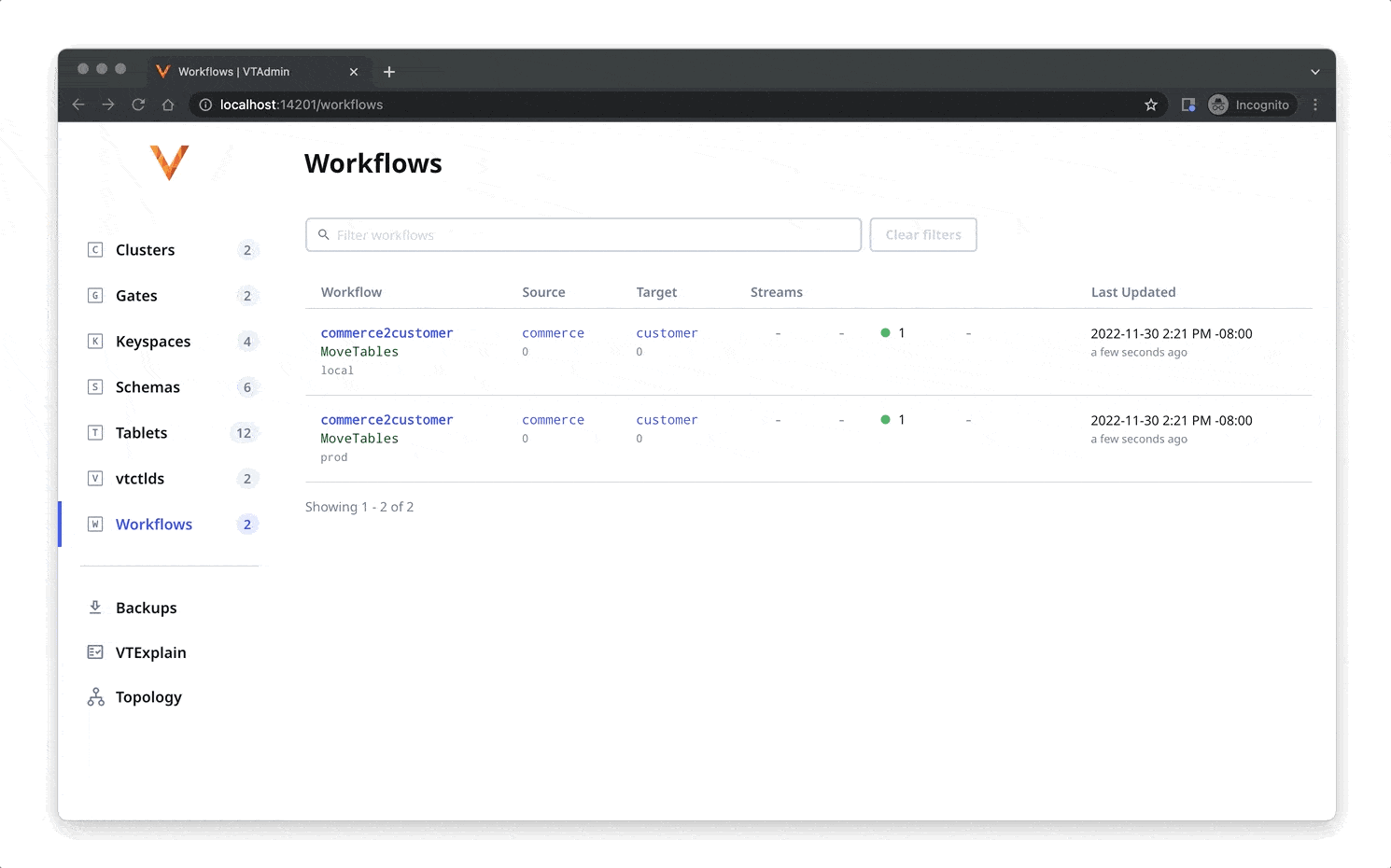 GIF of workflow features in VTAdmin Web
